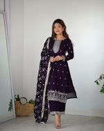 Thumbnail for Lorenvalley Purple Rangoli Silk Embroidery Sequence and Jari Work Kurta Trousers with Dupatta Set