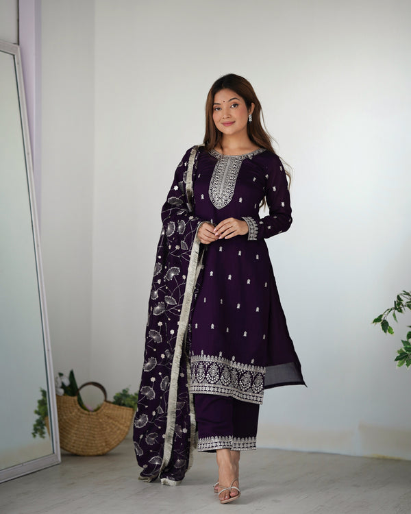 Lorenvalley Purple Rangoli Silk Embroidery Sequence and Jari Work Kurta Trousers with Dupatta Set