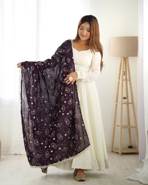 Lorenvalley White Vichitra Silk Fabric Fully Flared Anarkali Pant With Dupatta Set - Distacart