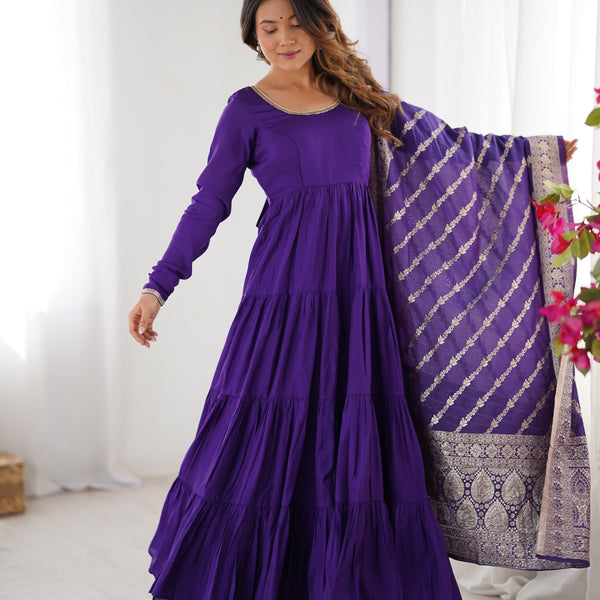 Lorenvalley Women Pure Roman silk Chanderi Fabric Layer Gathering Anarkali Kurta Pant With Dupatta Set - Distacart