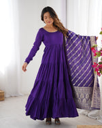 Thumbnail for Lorenvalley Women Pure Roman silk Chanderi Fabric Layer Gathering Anarkali Kurta Pant With Dupatta Set