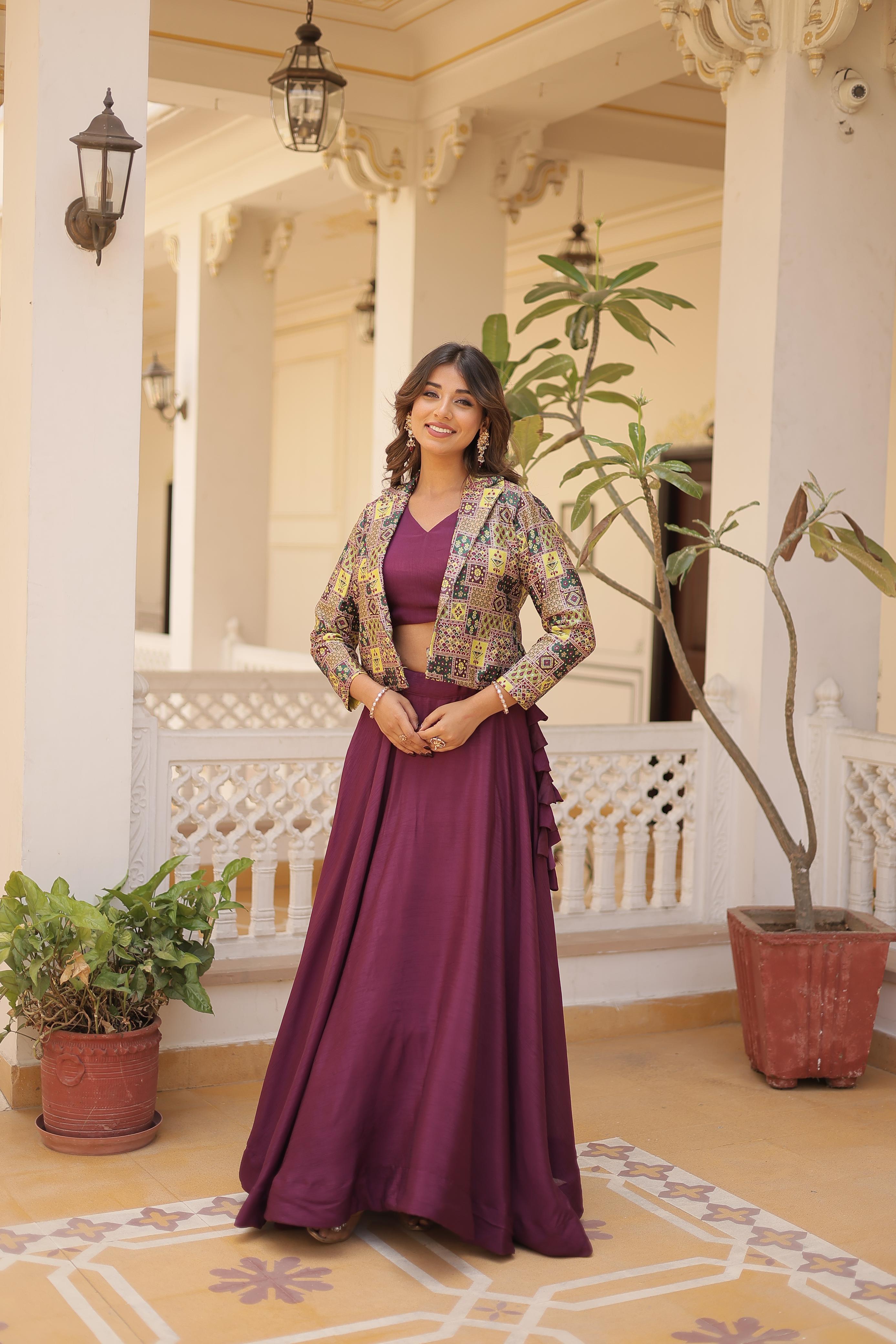 Lorenvalley Purple Premium Chinnon Lehenga Choli with Jacquard Woven Design Koti - Distacart