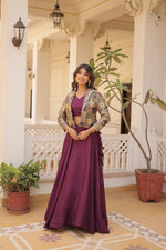 Thumbnail for Lorenvalley Purple Premium Chinnon Lehenga Choli with Jacquard Woven Design Koti - Distacart