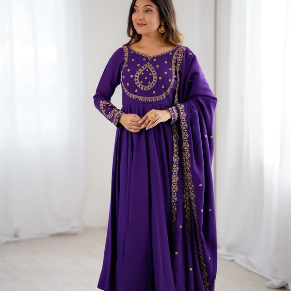 Lorenvalley Fashion Purple Roman Chanderi Silk Handwork Beads Work Anarkali Pant with Dupatta - Distacart