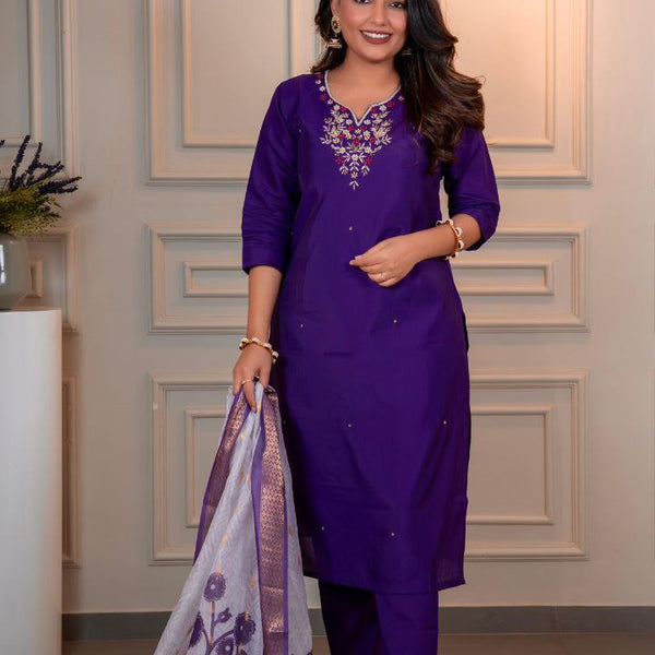 Lorenvalley Fashion Purple Roman Silk Hand Work Kurta Pant with Dupatta - Distacart