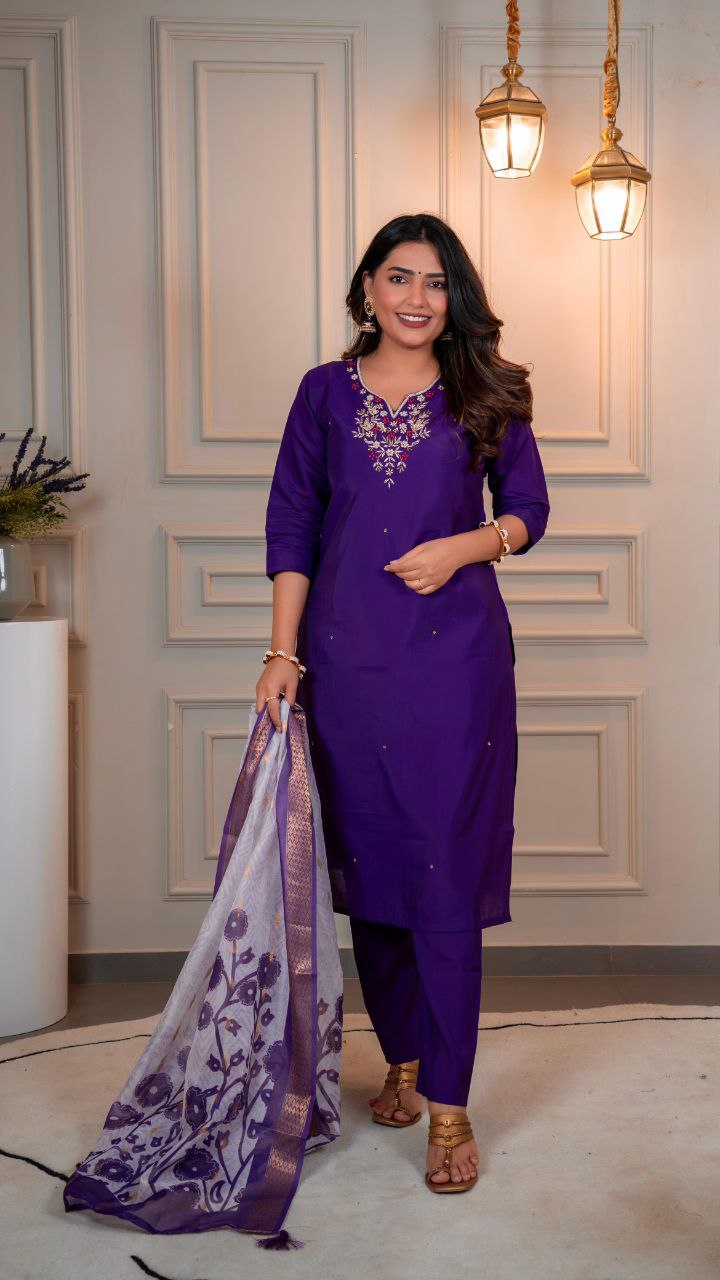 Lorenvalley Fashion Purple Roman Silk Hand Work Kurta Pant with Dupatta - Distacart