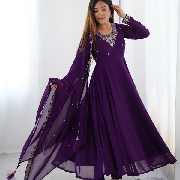 Lorenvalley Purple Faux Georgette Fancy Embroidery Beads And Jari Work Anarkali Kurta Palazzo With Dupatta Set - Distacart