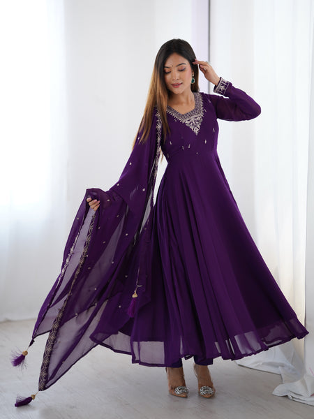 Lorenvalley Purple Faux Georgette Fancy Embroidery Beads And Jari Work Anarkali Kurta Palazzo With Dupatta Set