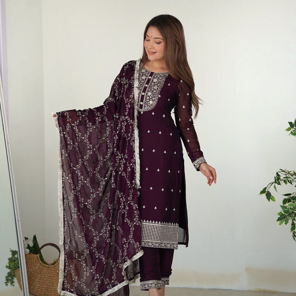 Lorenvalley Wine Rangoli Silk Embroidery Sequence And Thread Work Kurta Trousers with Dupatta Set - Distacart