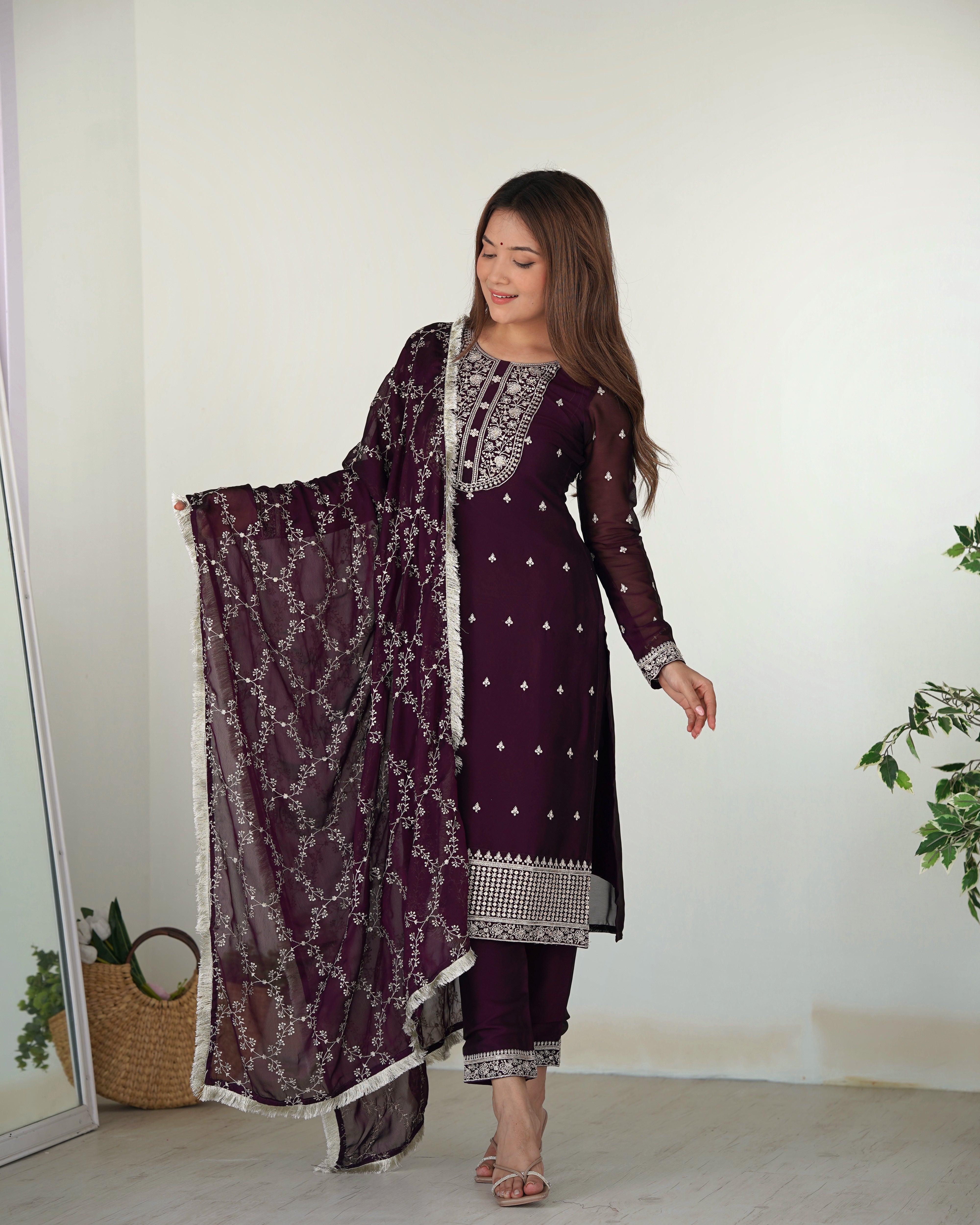 Lorenvalley Wine Rangoli Silk Embroidery Sequence And Thread Work Kurta Trousers with Dupatta Set - Distacart