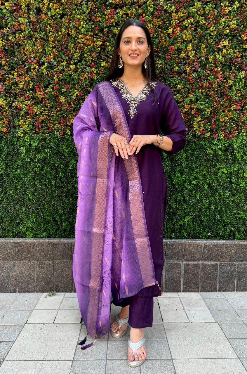 Lorenvalley Fashion Purple Roman Silk Hand Work Kurta Pant with Dupatta