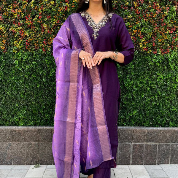 Lorenvalley Fashion Purple Roman Silk Hand Work Kurta Pant with Dupatta - Distacart