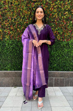 Thumbnail for Lorenvalley Fashion Purple Roman Silk Hand Work Kurta Pant with Dupatta