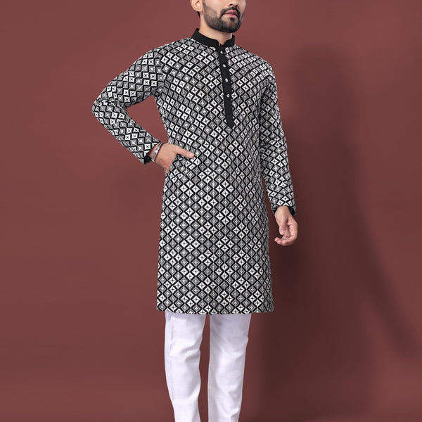 Neera Trendz Black Soft Silk Embroidered Men's Kurta Pyjama