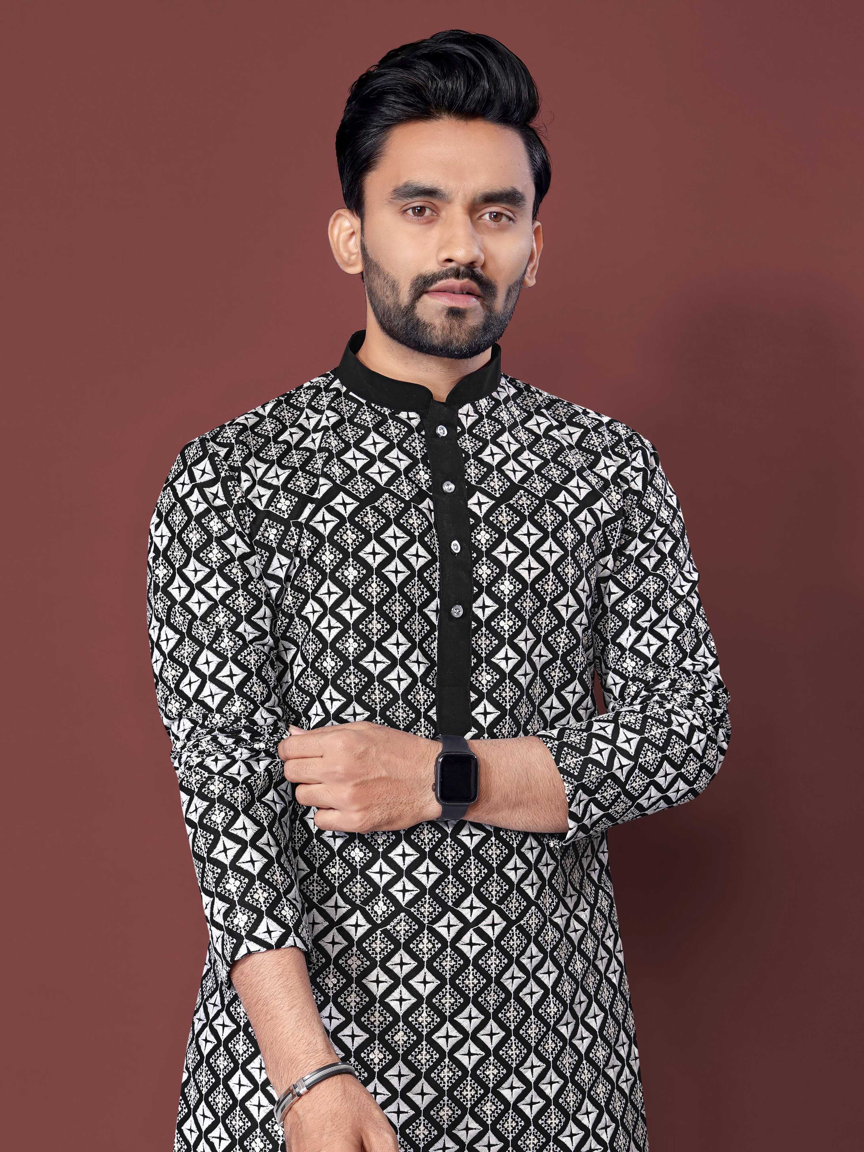 Neera Trendz Black Soft Silk Embroidered Men's Kurta Pyjama