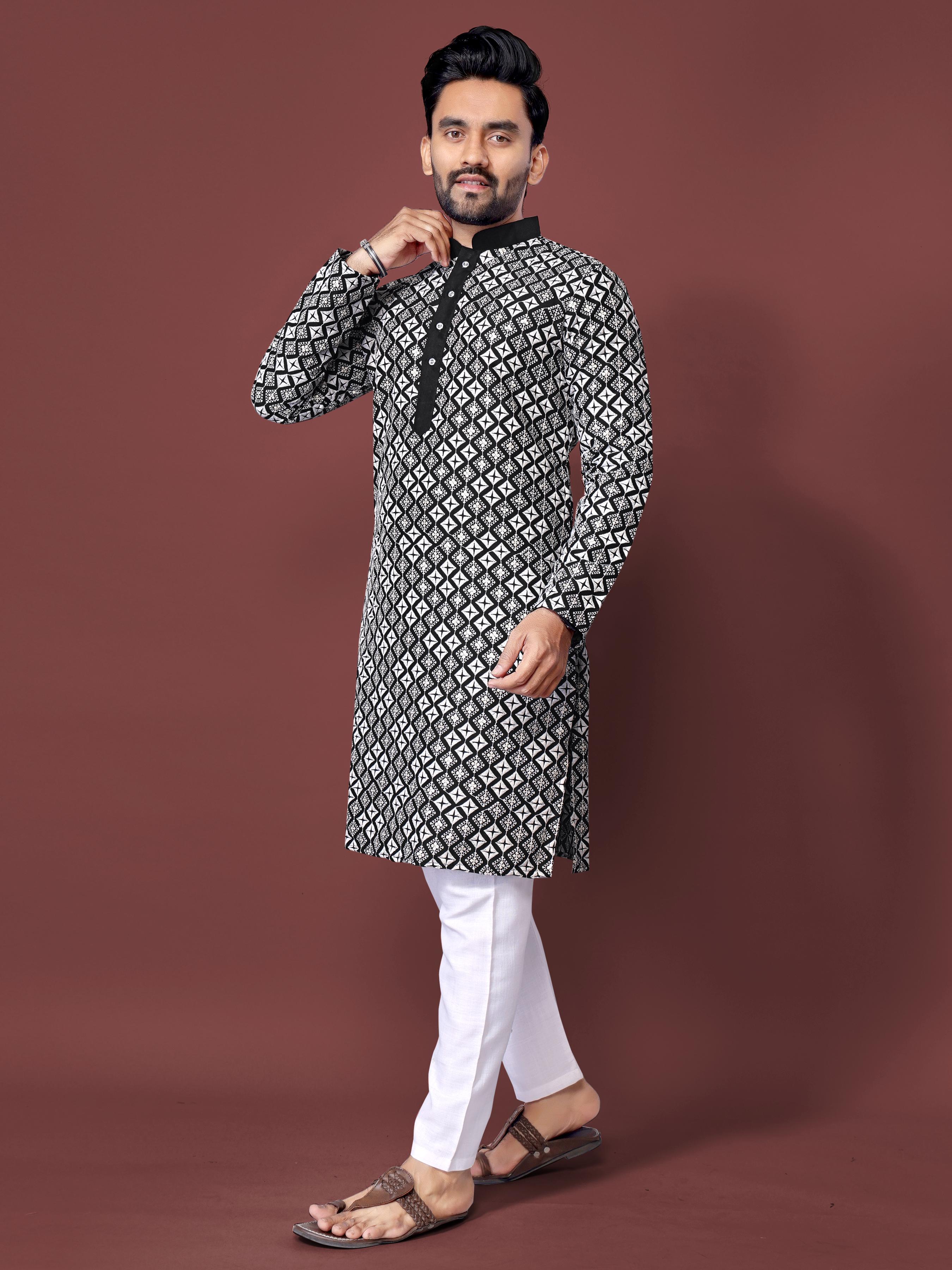 Neera Trendz Black Soft Silk Embroidered Men's Kurta Pyjama