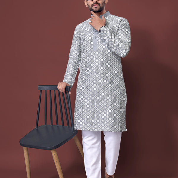 Neera Trendz Grey Soft Silk Embroidered Men's Kurta Pyjama