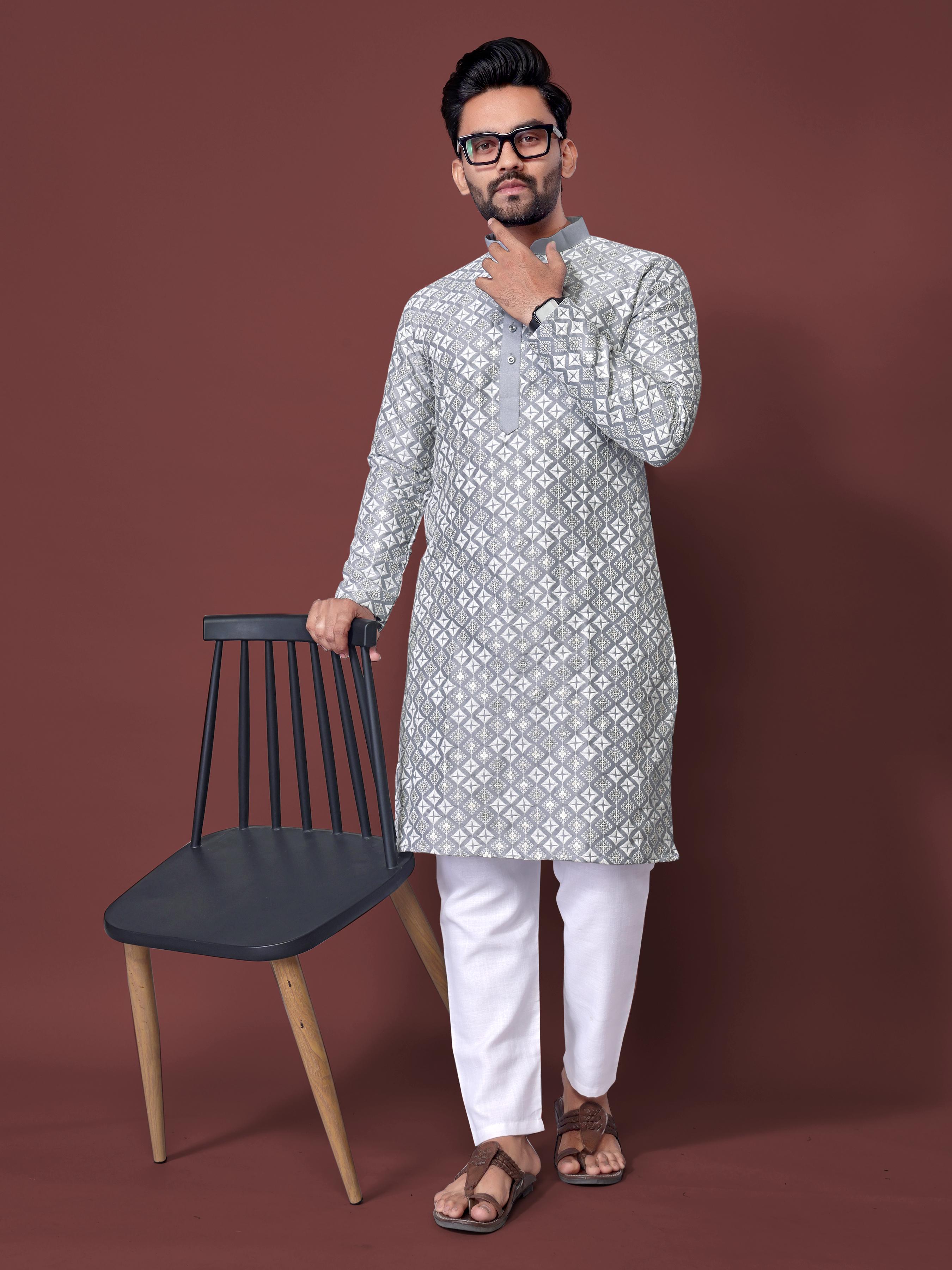 Neera Trendz Grey Soft Silk Embroidered Men's Kurta Pyjama