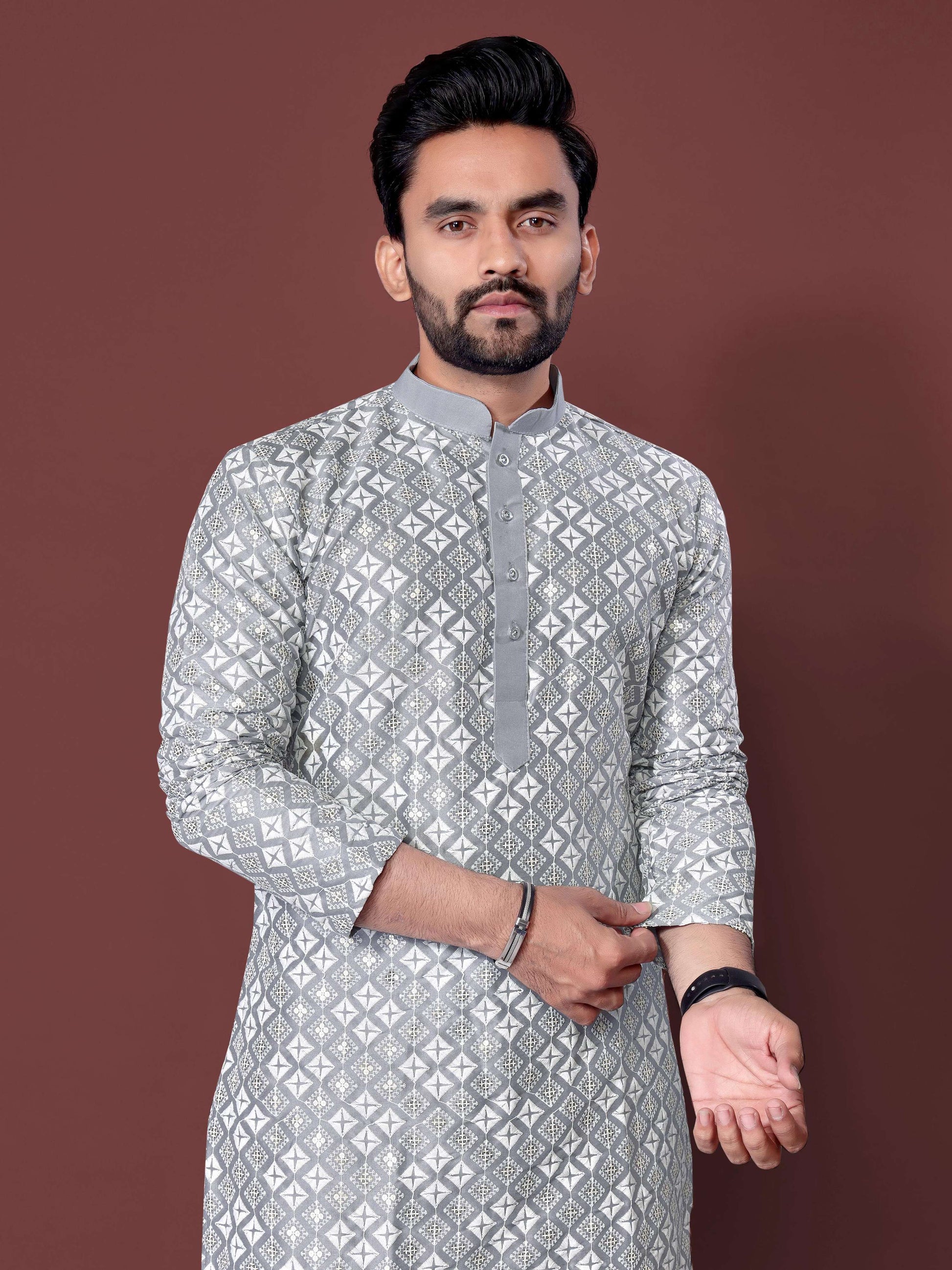Neera Trendz Grey Soft Silk Embroidered Men's Kurta Pyjama - Distacart