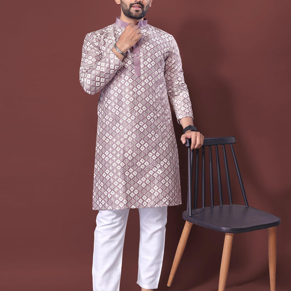 Neera Trendz Light Purple Soft Silk Embroidered Men's Kurta Pyjama