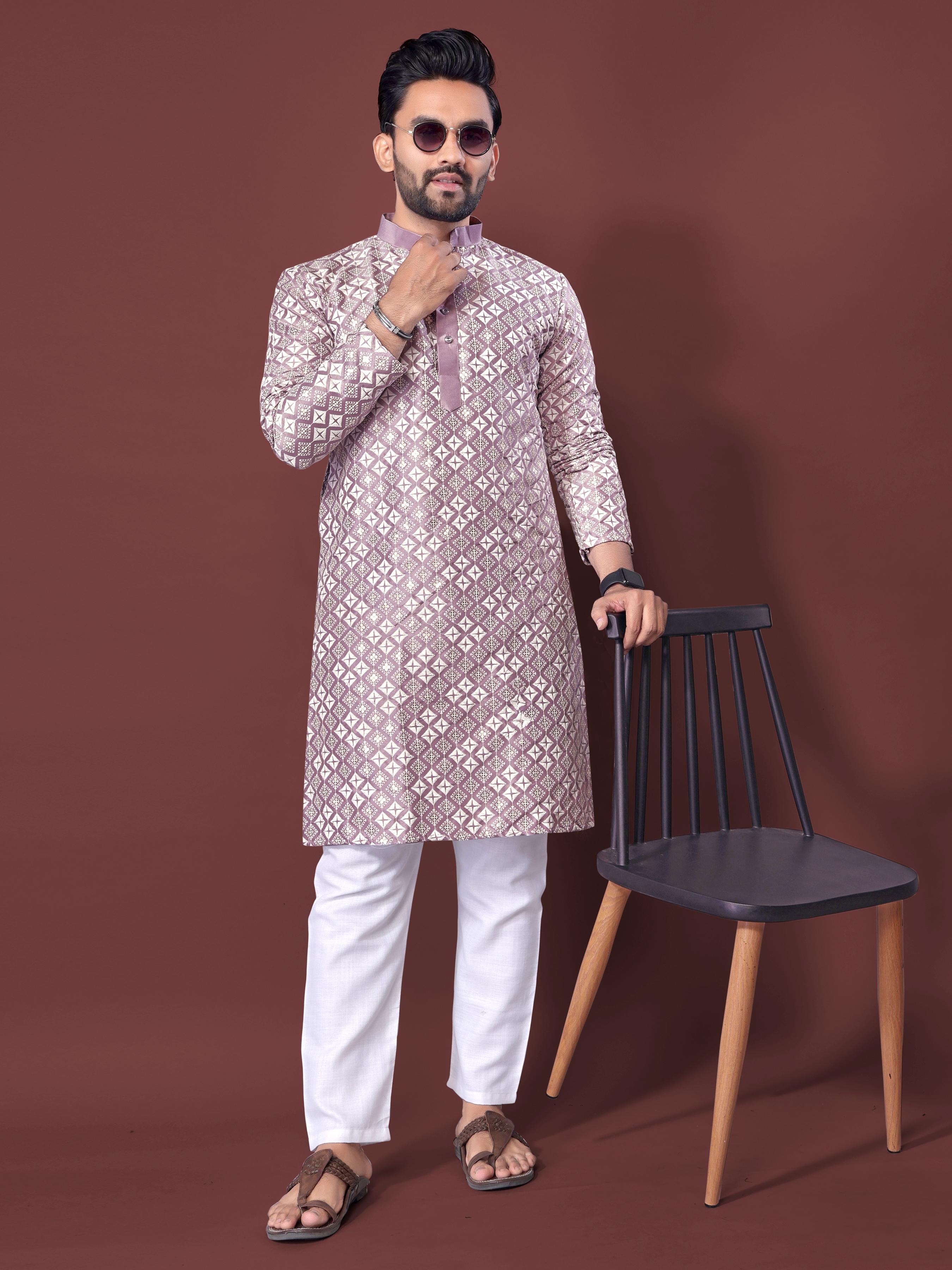Neera Trendz Light Purple Soft Silk Embroidered Men's Kurta Pyjama - Distacart