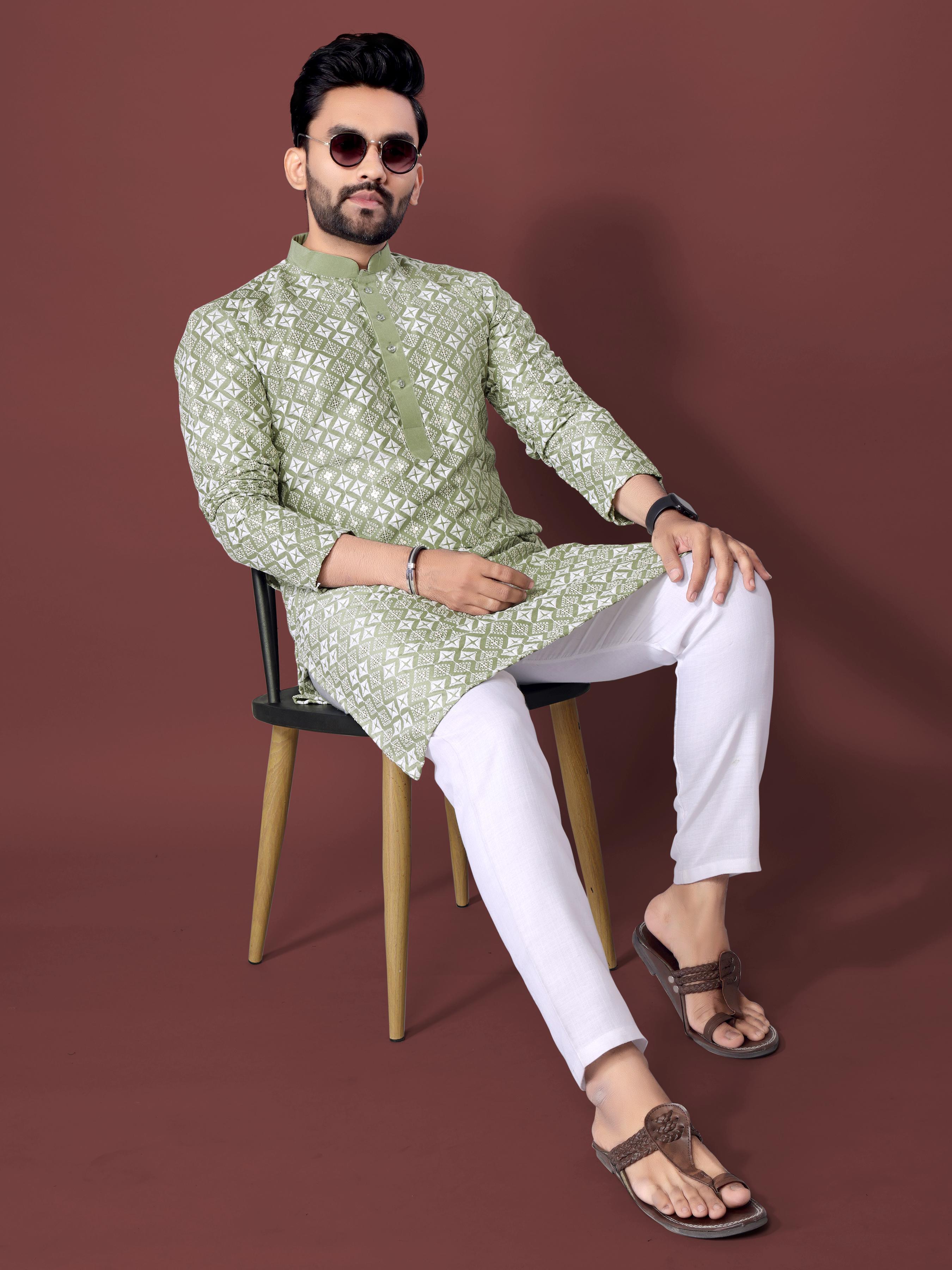 Neera Trendz Olive Soft Silk Embroidered Men's Kurta Pyjama