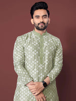 Thumbnail for Neera Trendz Olive Soft Silk Embroidered Men's Kurta Pyjama