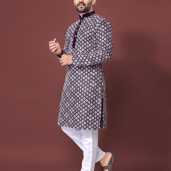 Neera Trendz Purple Soft Silk Embroidered Men's Kurta Pyjama - Distacart