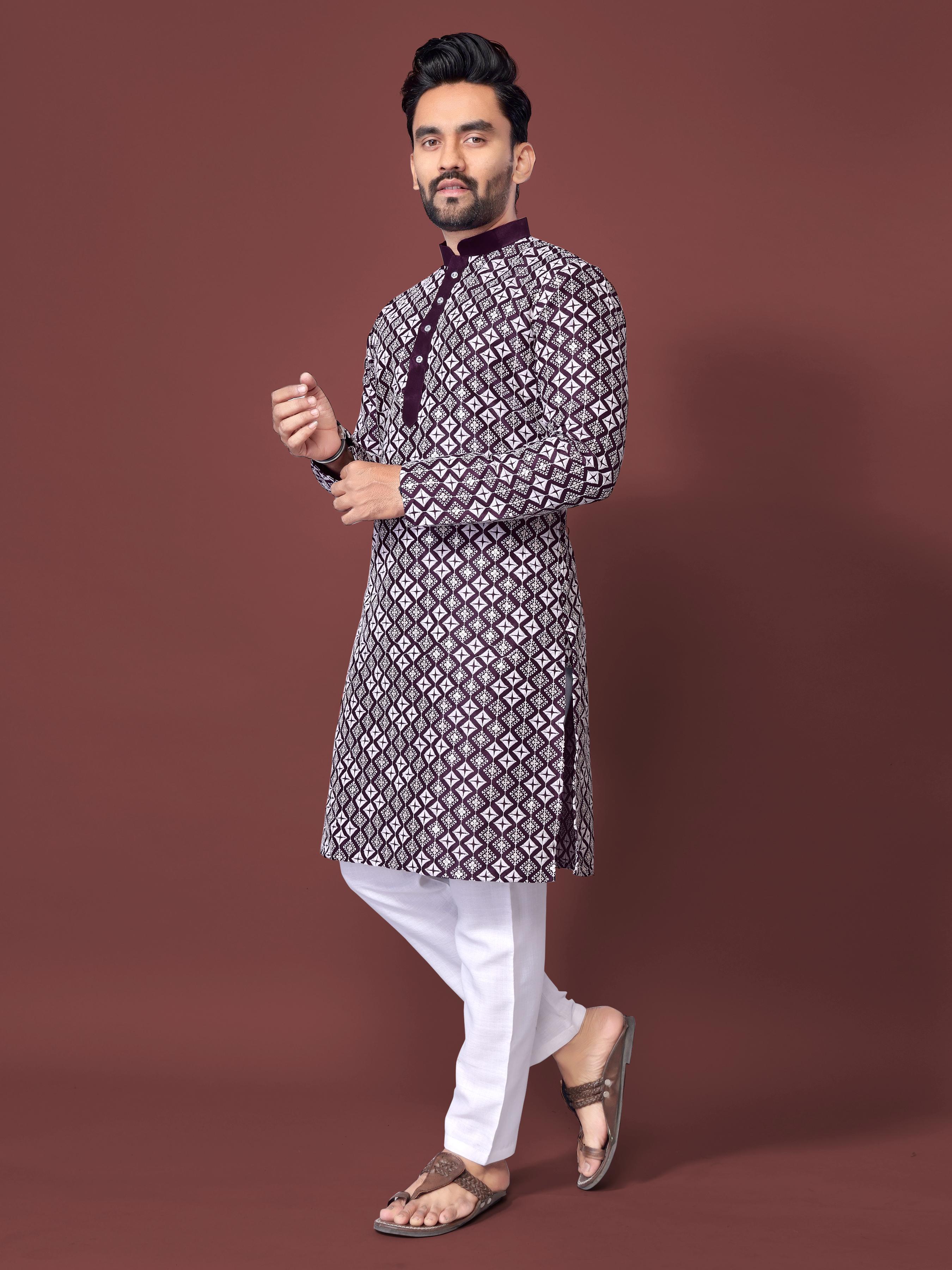 Neera Trendz Purple Soft Silk Embroidered Men's Kurta Pyjama