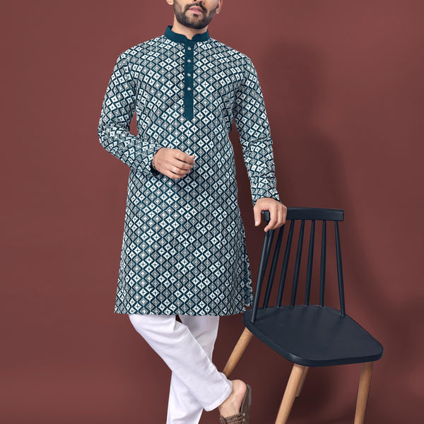 Neera Trendz Teal Soft Silk Embroidered Men's Kurta Pyjama