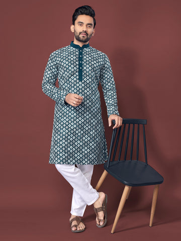 Neera Trendz Teal Soft Silk Embroidered Men's Kurta Pyjama - Distacart