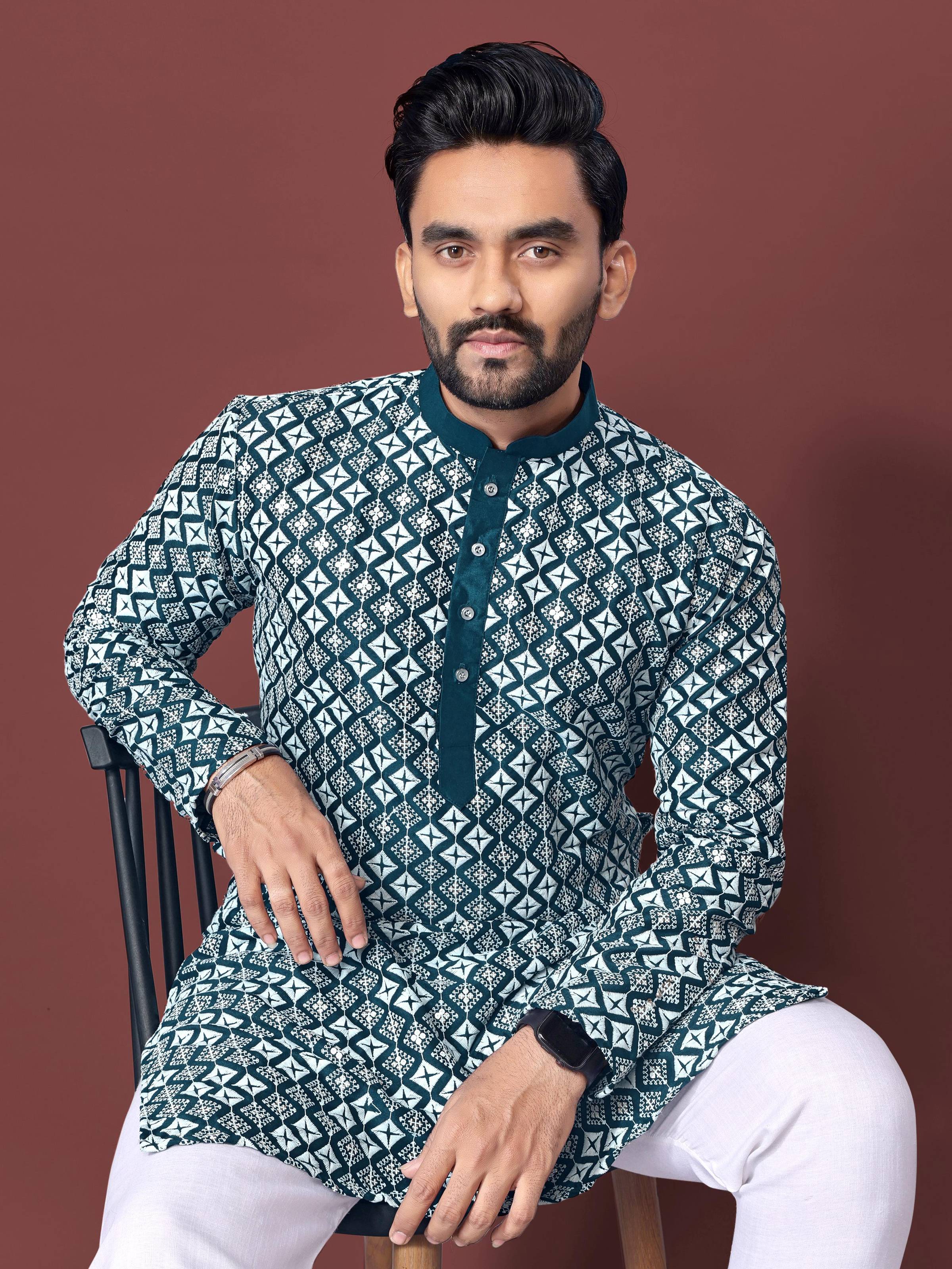 Neera Trendz Teal Soft Silk Embroidered Men's Kurta Pyjama