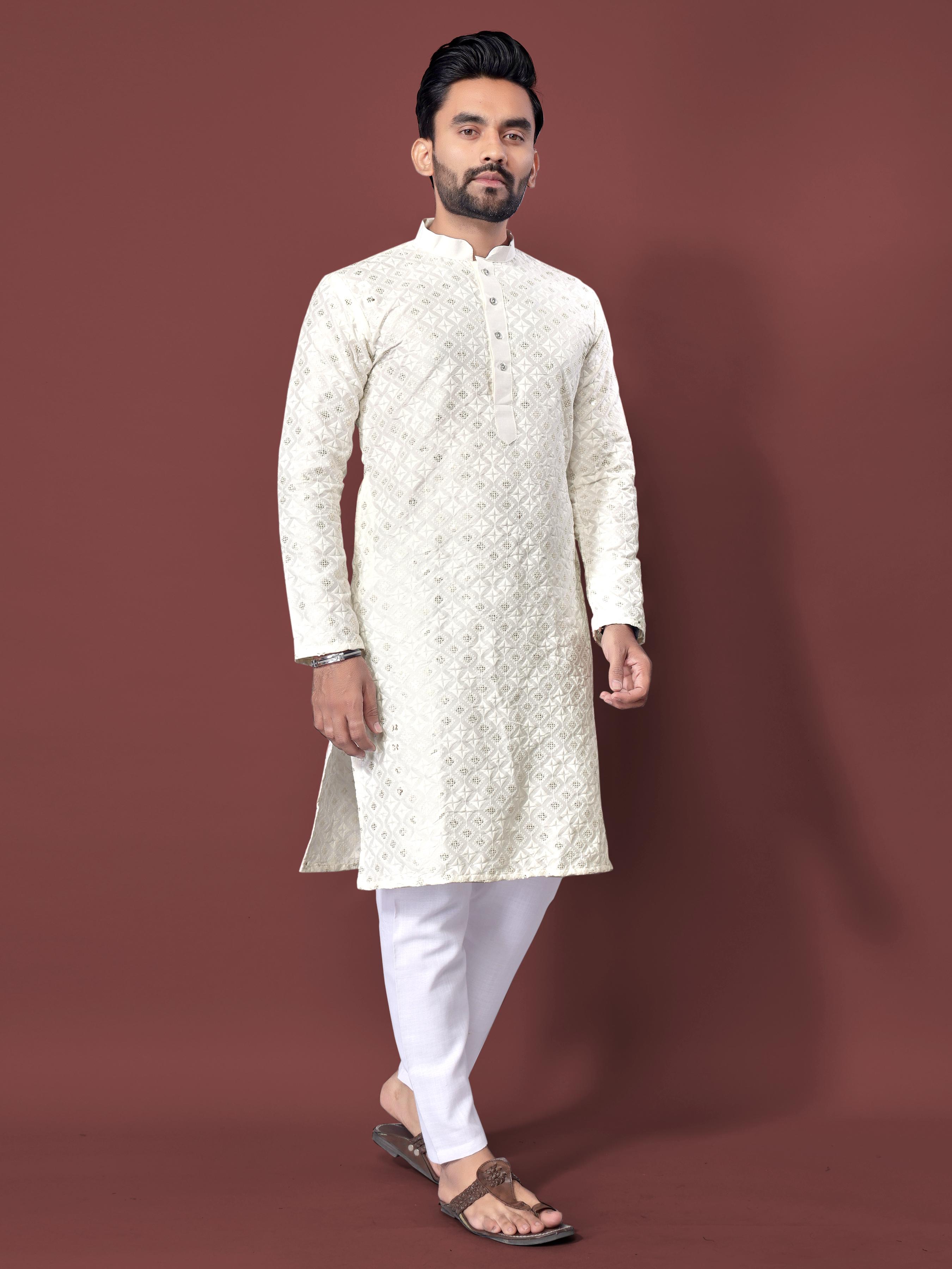 Neera Trendz White Soft Silk Embroidered Men's Kurta Pyjama