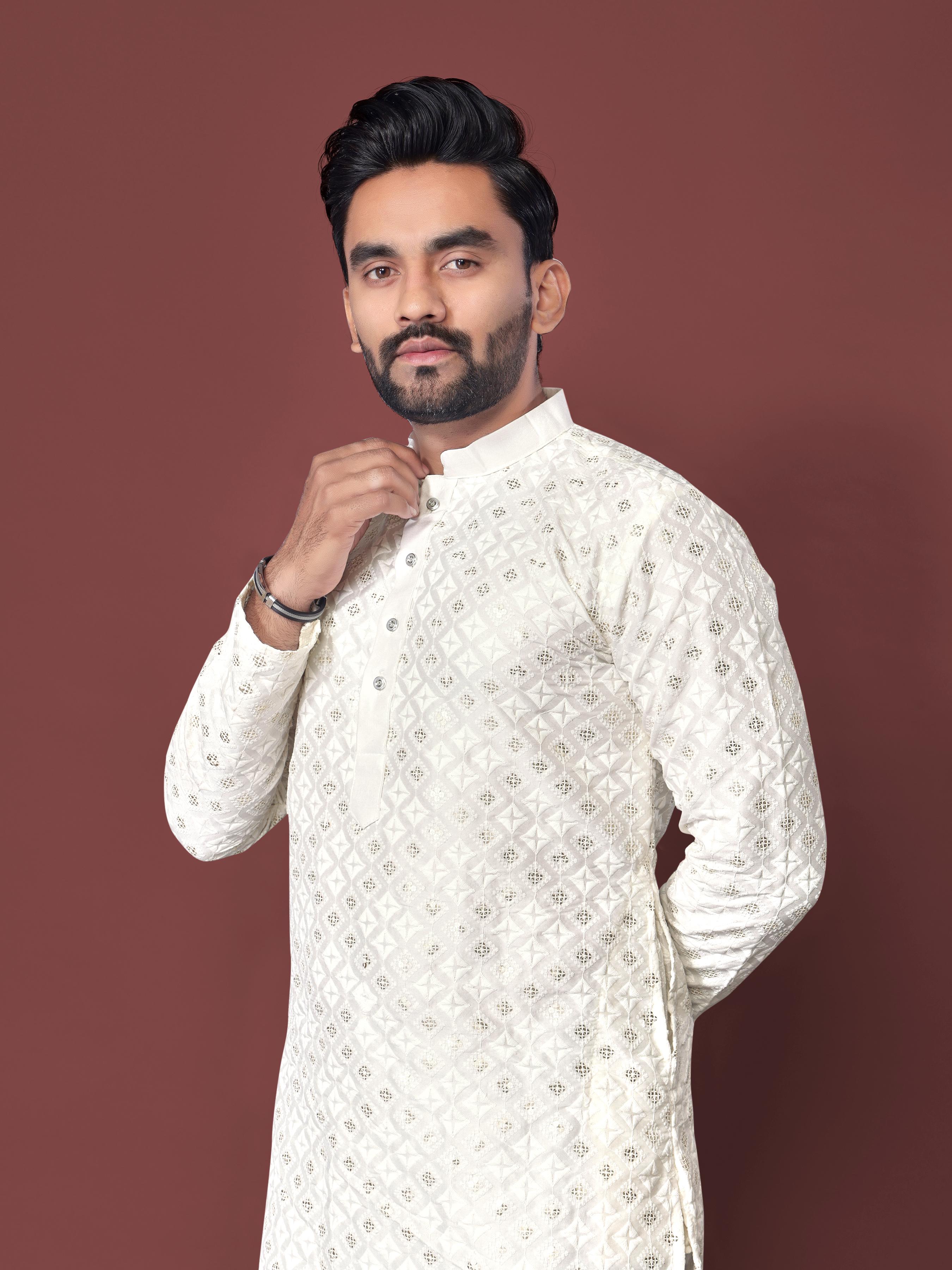 Neera Trendz White Soft Silk Embroidered Men's Kurta Pyjama - Distacart