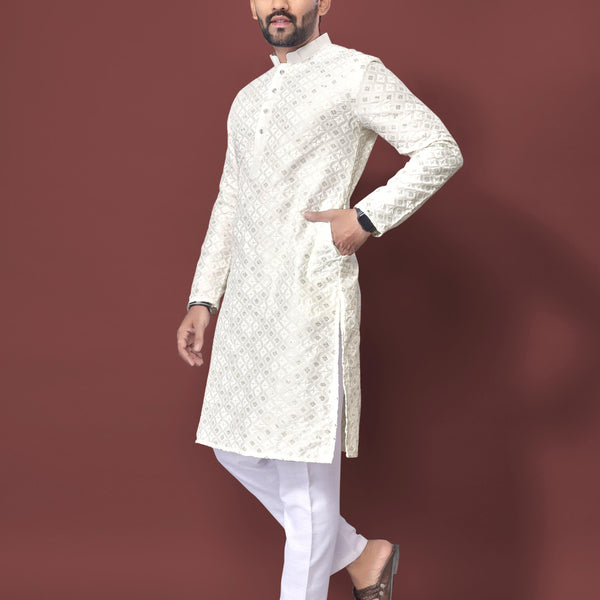 Neera Trendz White Soft Silk Embroidered Men's Kurta Pyjama
