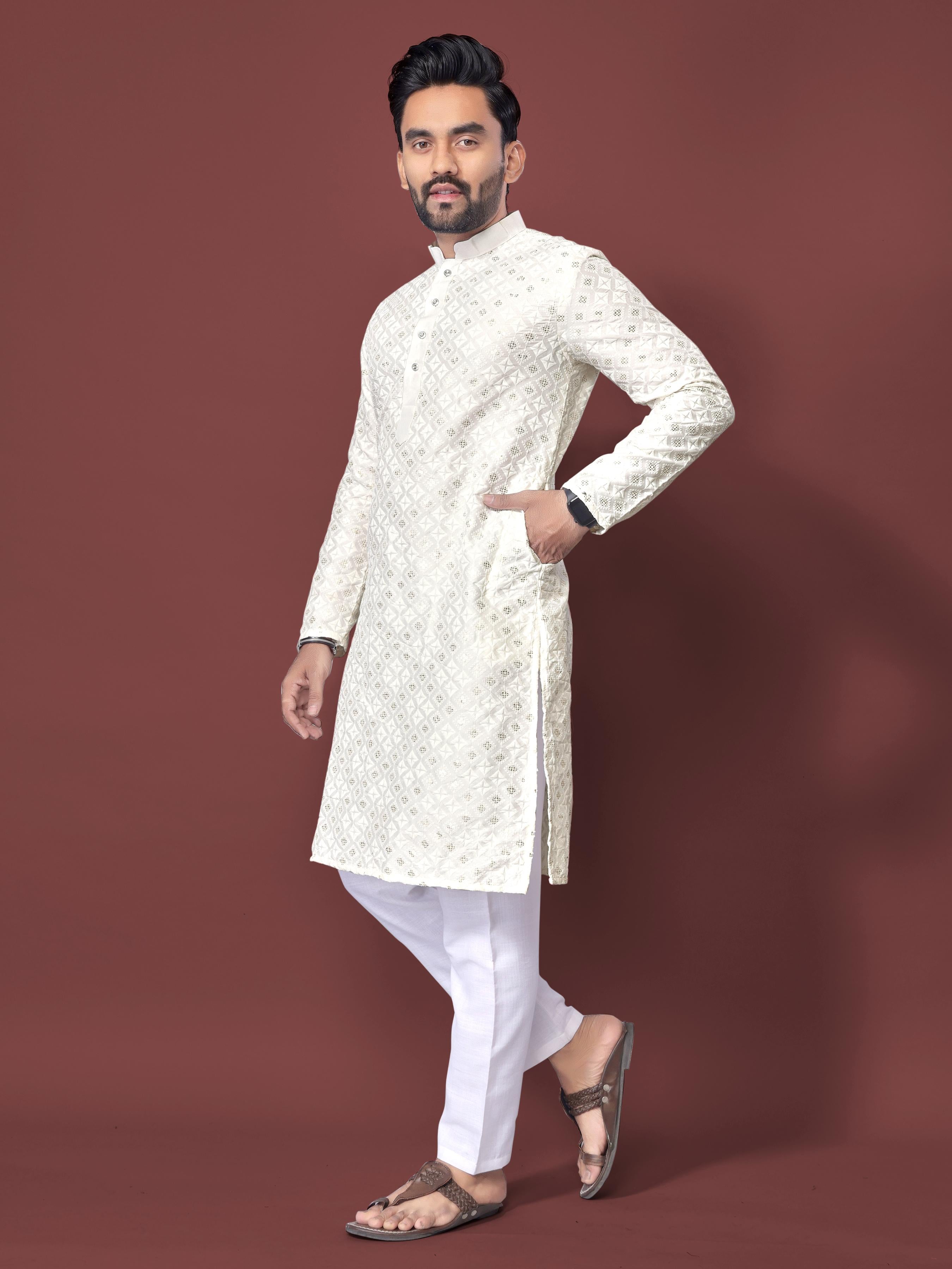 Neera Trendz White Soft Silk Embroidered Men's Kurta Pyjama - Distacart
