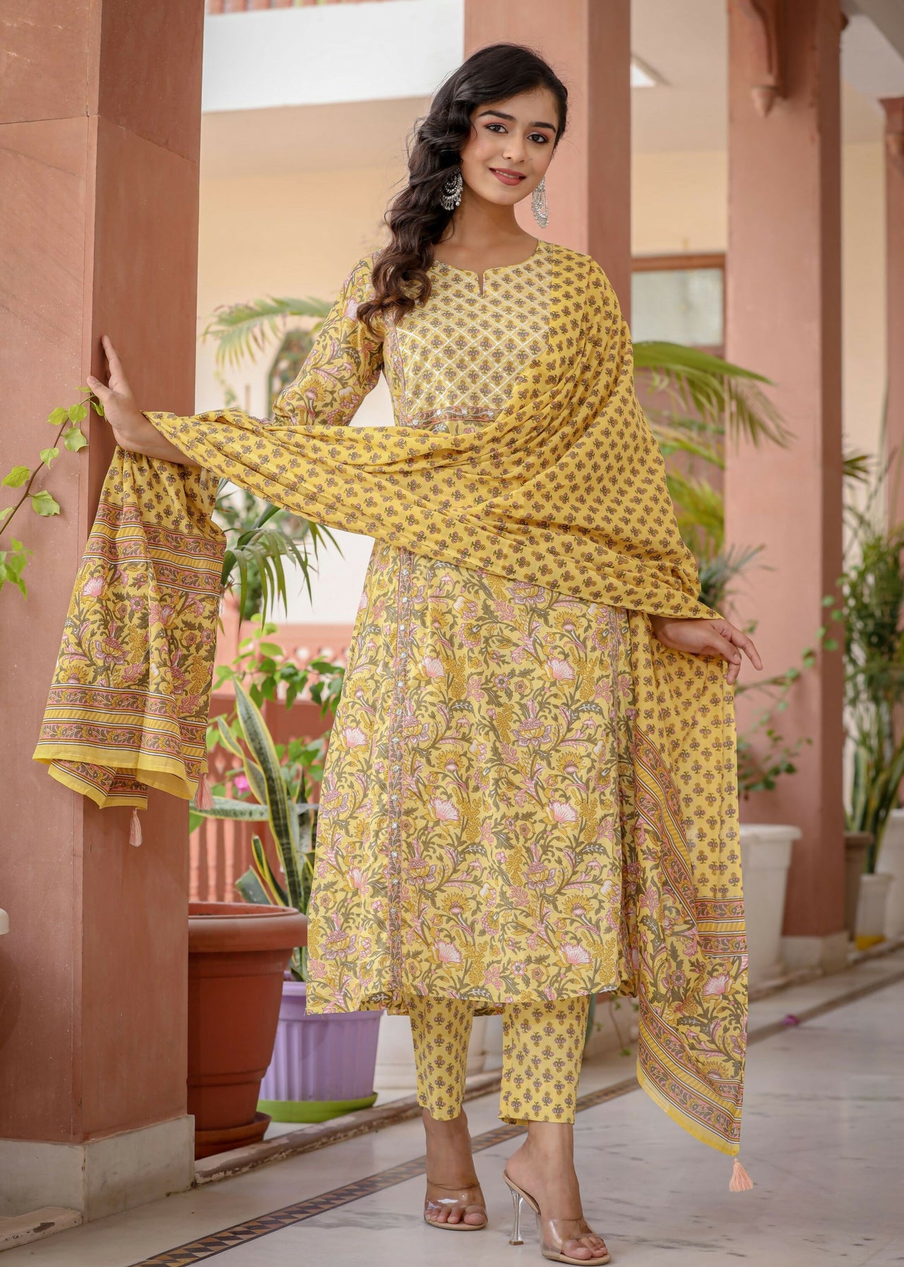 Kaajh Women's Yellow Floral Embroidered Cotton Kurta Pant Set With Dupatta - Distacart
