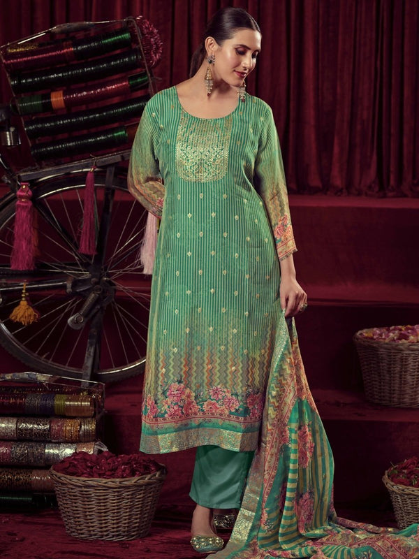 Aastha Fashion Women's Green Organza Jacquard Woven Kurta with Trouser & Dupatta - Distacart