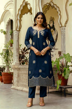 Thumbnail for The52 Navy Blue Women's Beautiful Viscose Chanderi Fabric Thread Work Straight Kurta Pant and Dupatta Set - Distacart