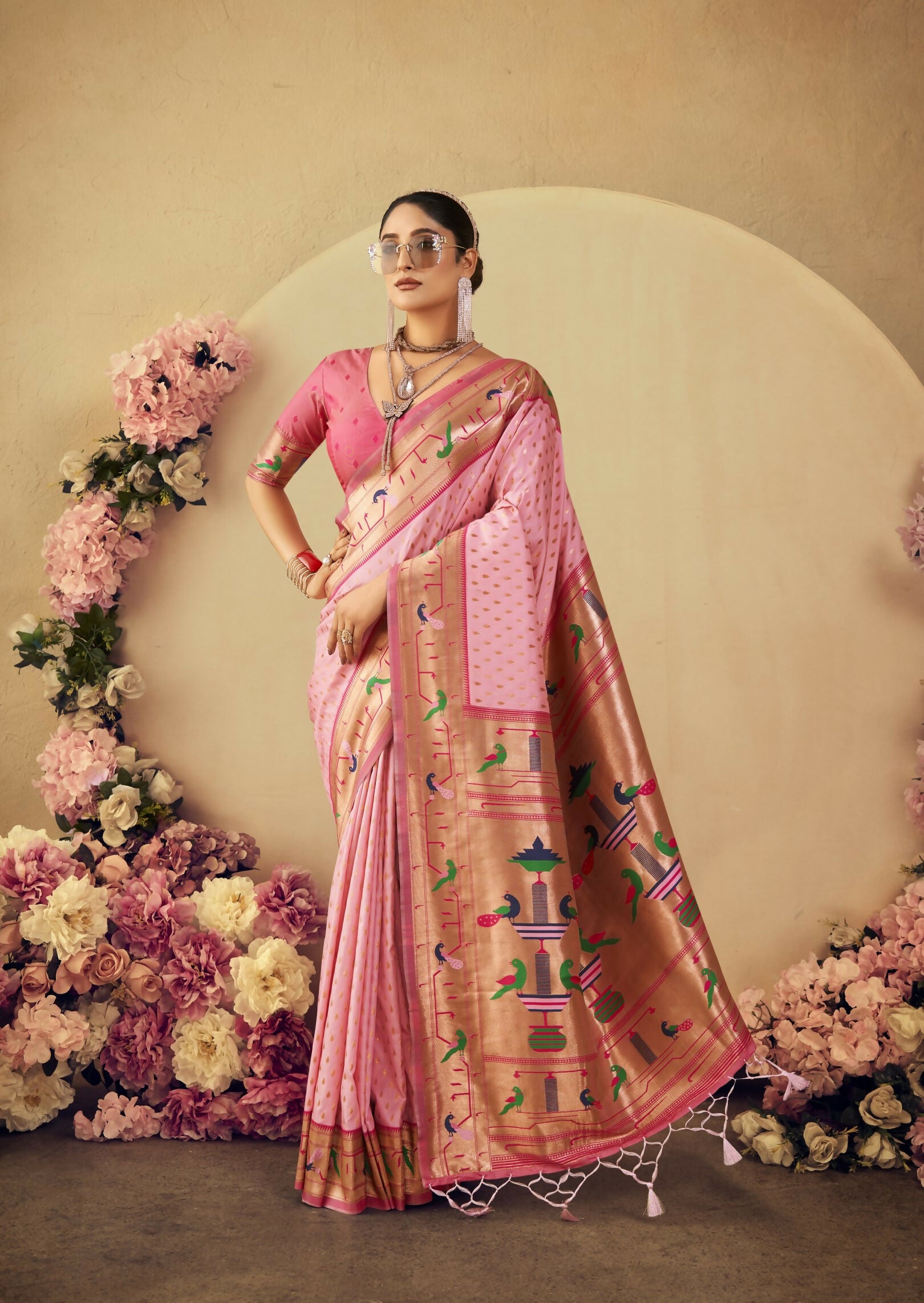 Vishnu Weaves Women's Baby-Pink Paithani Silk Saree with Blouse - Distacart