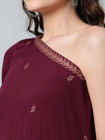 Thumbnail for Ahalyaa Women Burgundy & Gold-Toned Ethnic Motifs One Shoulder Ethnic Maxi Dress - Distacart