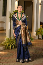Thumbnail for Vishnu Weaves Women's Blue Soft Tussar Silk Printed Saree with Blouse