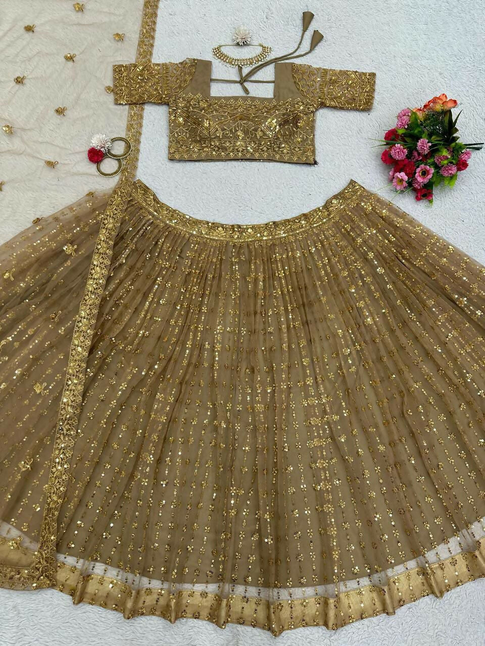 Jyoti Fashion Women's Beige Butterfly Net Sequins with Thread Embroidered Designer Lehenga Choli Set - Distacart