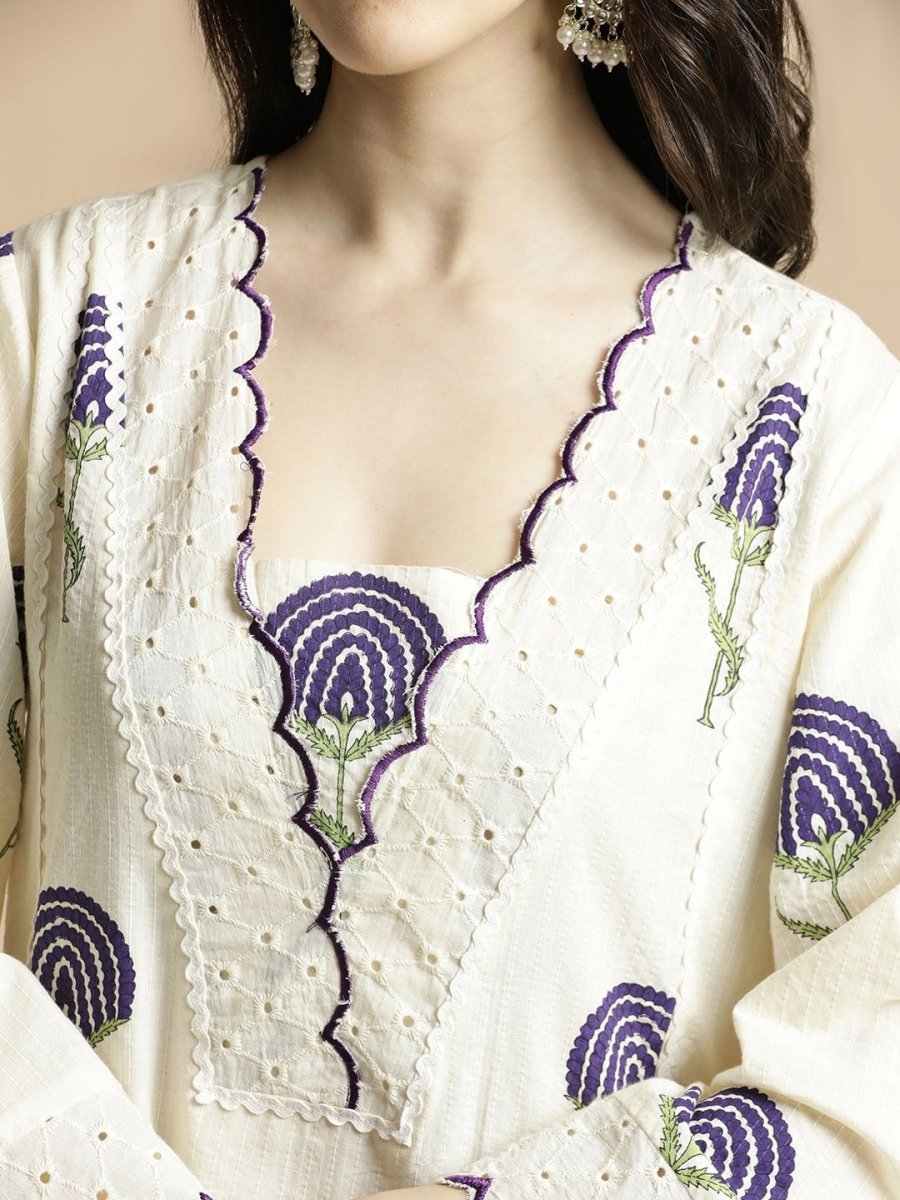 Anouk Floral Printed Bell Sleeves Thread Work Pure Cotton A-Line Kurta With Palazzos - Distacart