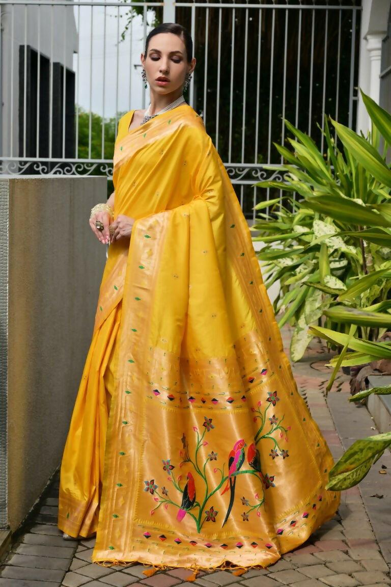 Vishnu Weaves Women's Yellow Paithani Silk Zari Woven Saree with Blouse