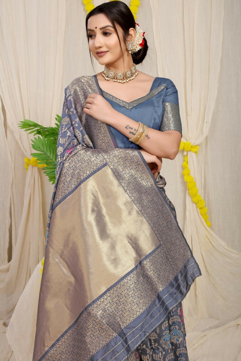 Jyoti Fashion Women's Grey Kanjivaram Silk Zari Woven Saree with Blouse - Distacart
