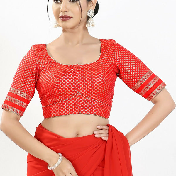 Joban Fashion Red Brocade Padded Blouse With Round Neck Elbow Sleeves