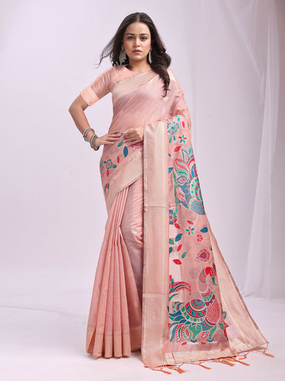Shree Shyam Fashion Linen Cotton Peach Saree - Distacart