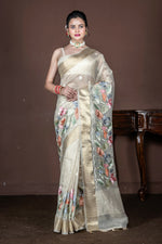 Thumbnail for Morchari Beige Banarasi Tissue Computer Embroidery Saree Unstitched Blouse