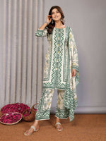 Thumbnail for Joban Fashion Women Off White & Forest Green Linen Printed Stitched Kurta Set - Distacart